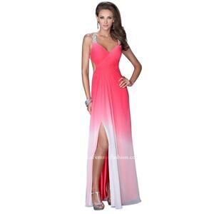 La Femme Watermelon Pink Ombré Gemstone Open Back High Slit Chiffon Gown Dress 2